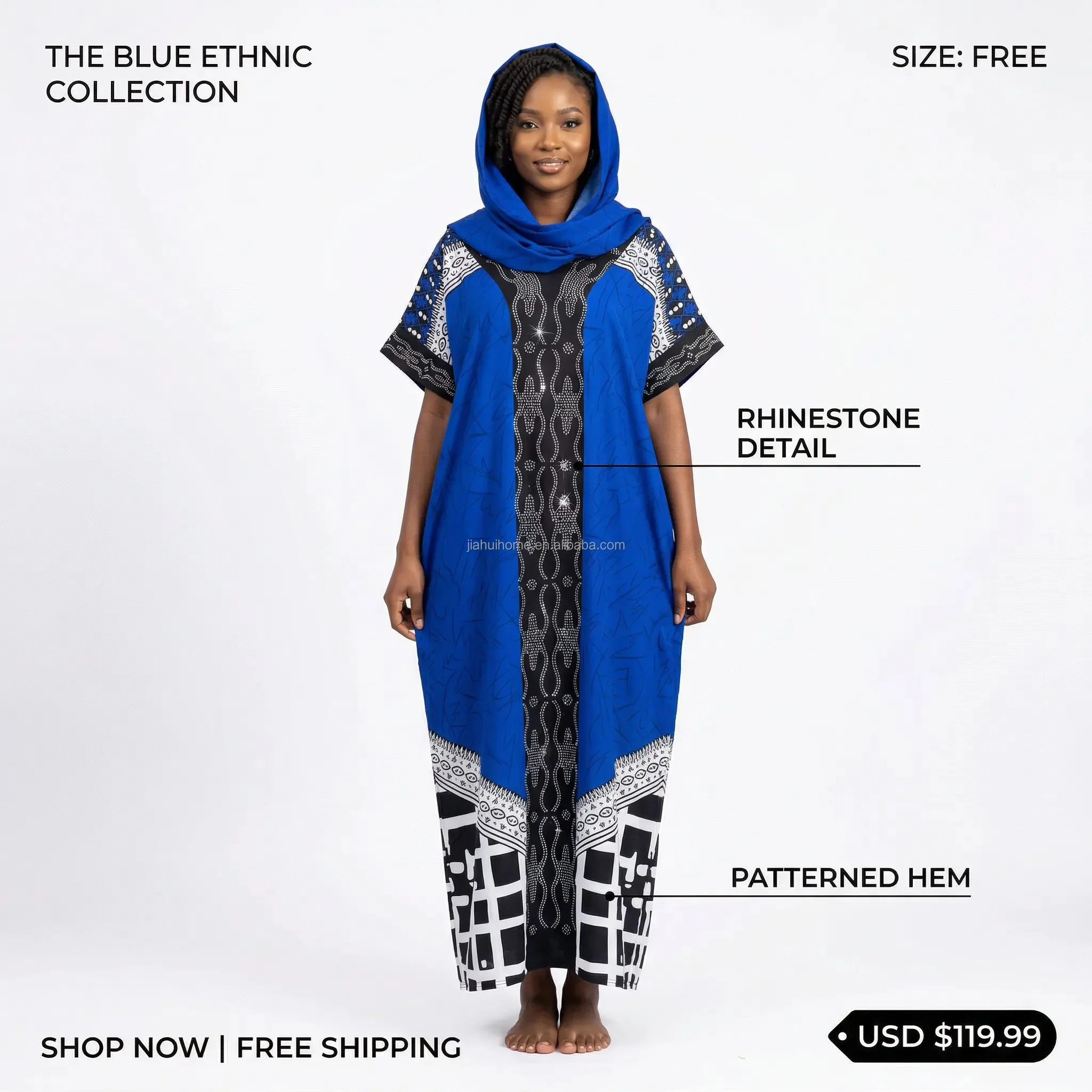 Robe Longue Africaine en Coton Imprimée | Manches Courtes | Effet Strass | Élégante