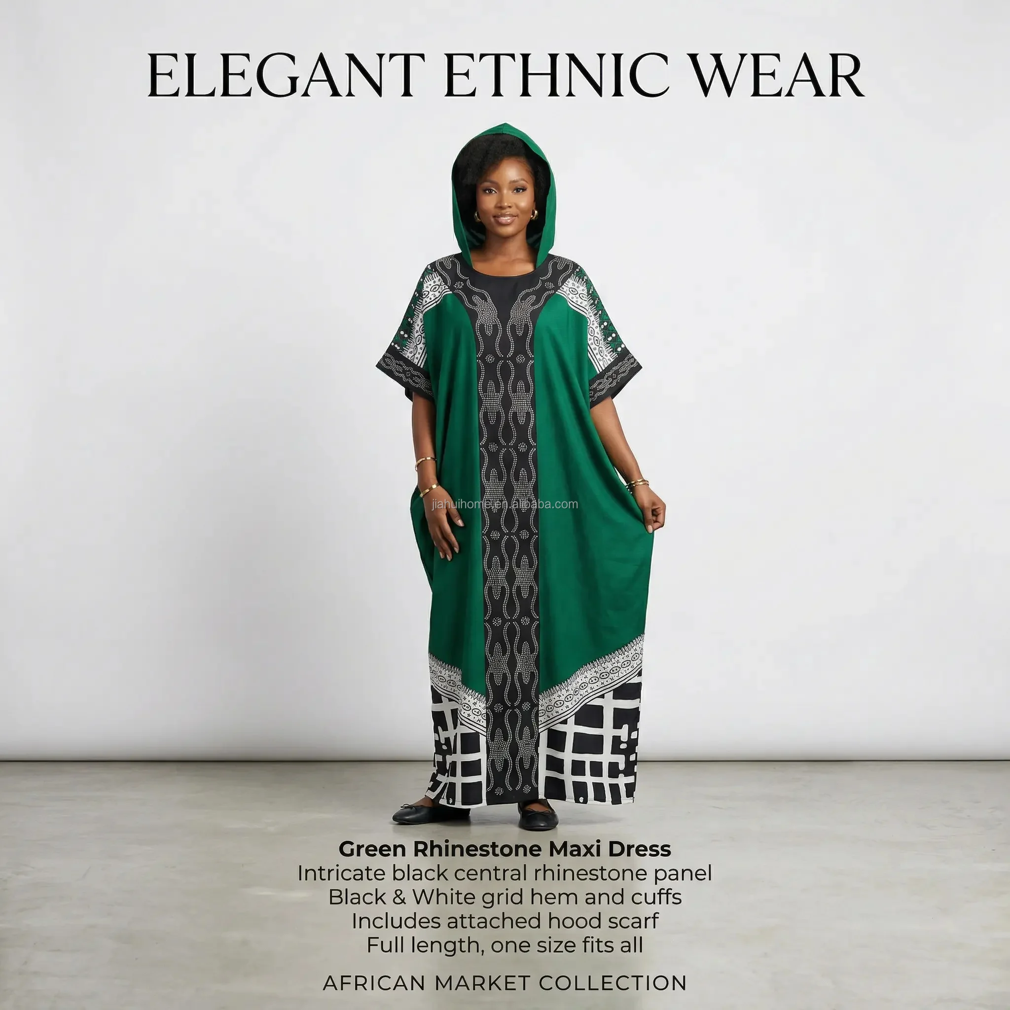 Robe Longue Africaine en Coton Imprimée | Manches Courtes | Effet Strass | Élégante