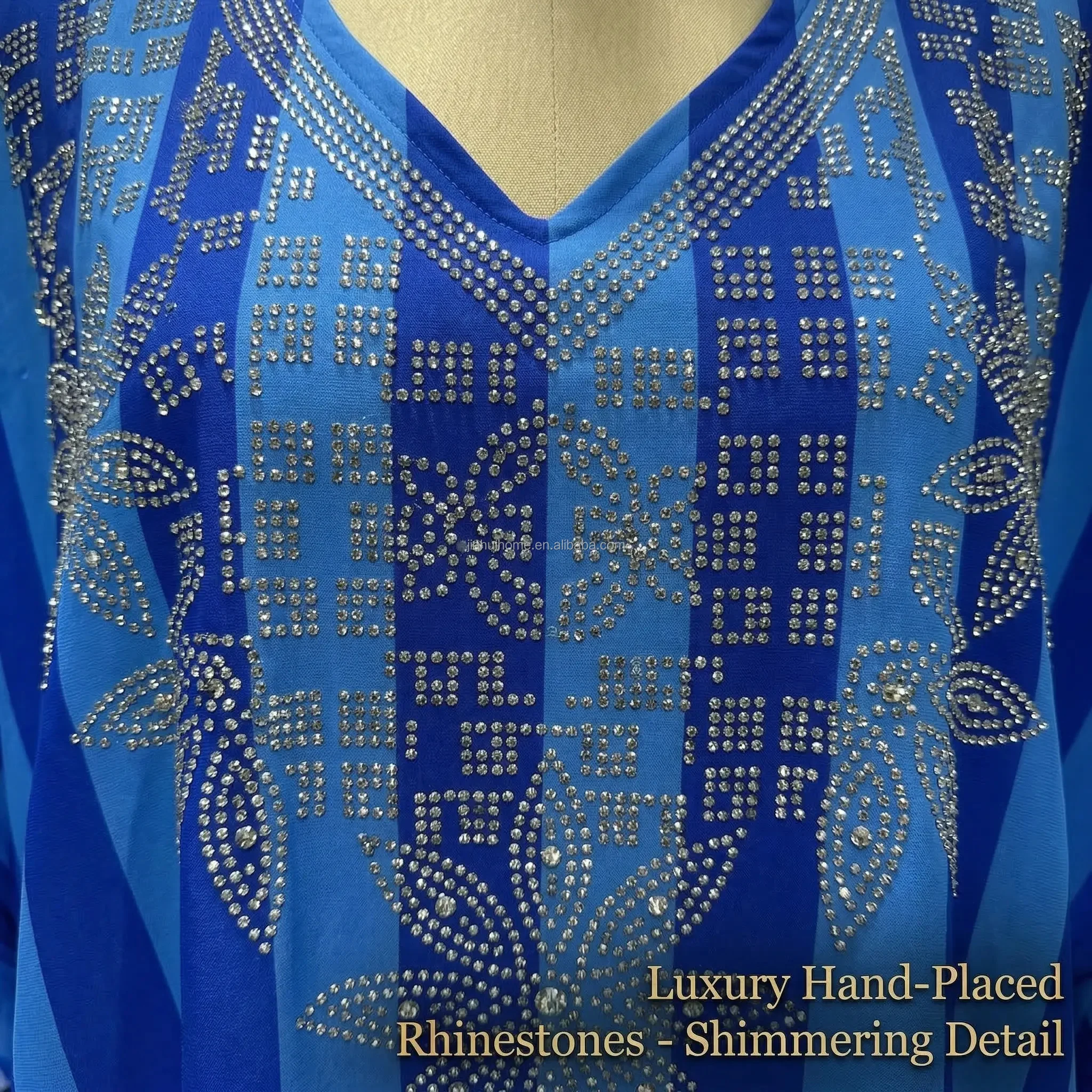 Robe Africaine Ample Rayée avec Strass – Abaya Col V Élégante Toutes Saisons
