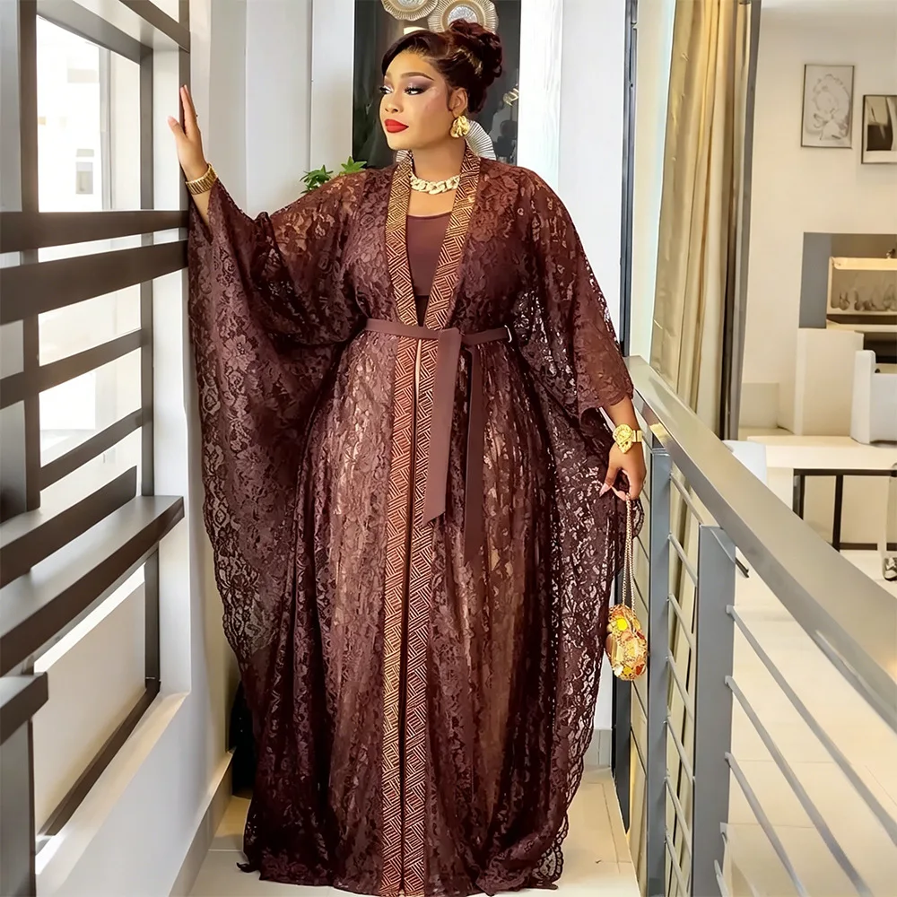 Ensemble Robe Africaine Grande Taille Boubou Dashiki Brodé Strass & Dentelle Manches Longues