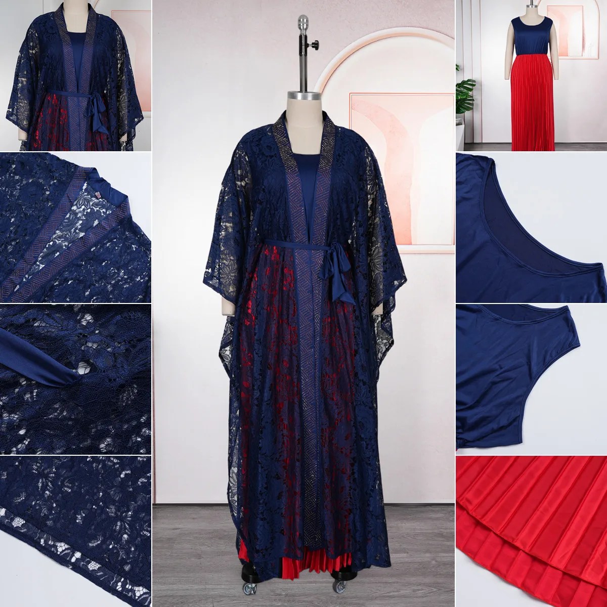 Ensemble Robe Africaine Grande Taille Boubou Dashiki Brodé Strass & Dentelle Manches Longues