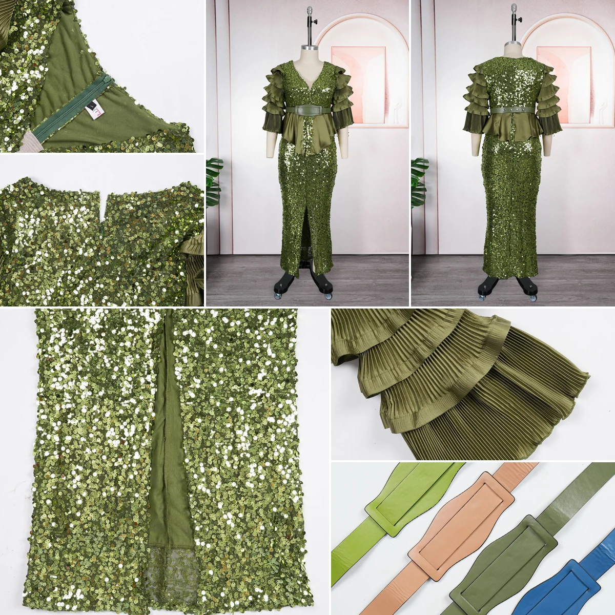 Robe de Soirée Luxe Sequins 2 Pièces Col V Manches Froufrous avec Ceinture
