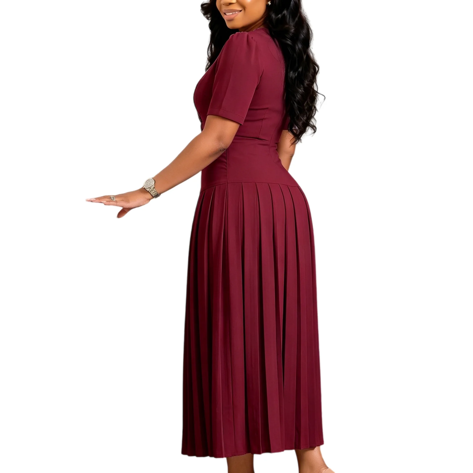 Robe Maxi Élégante Col Rond Manches Courtes Plissée – Bureau & Casual