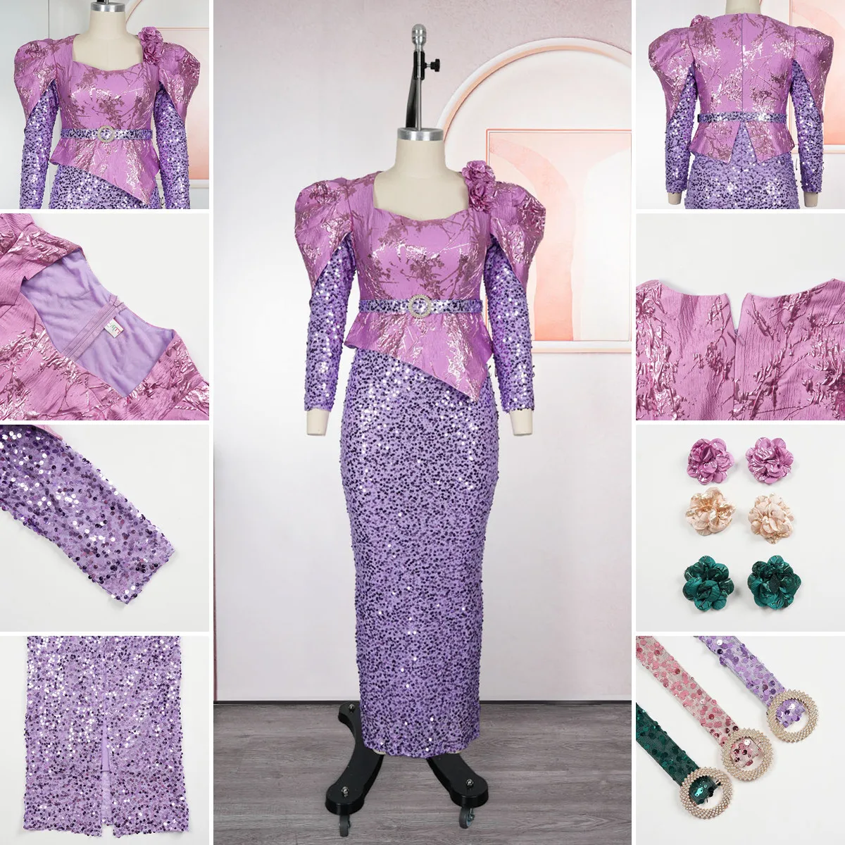 Robe Sirène Luxe S10822 – Col V, Sequins & Ceinture | Soirée & Église