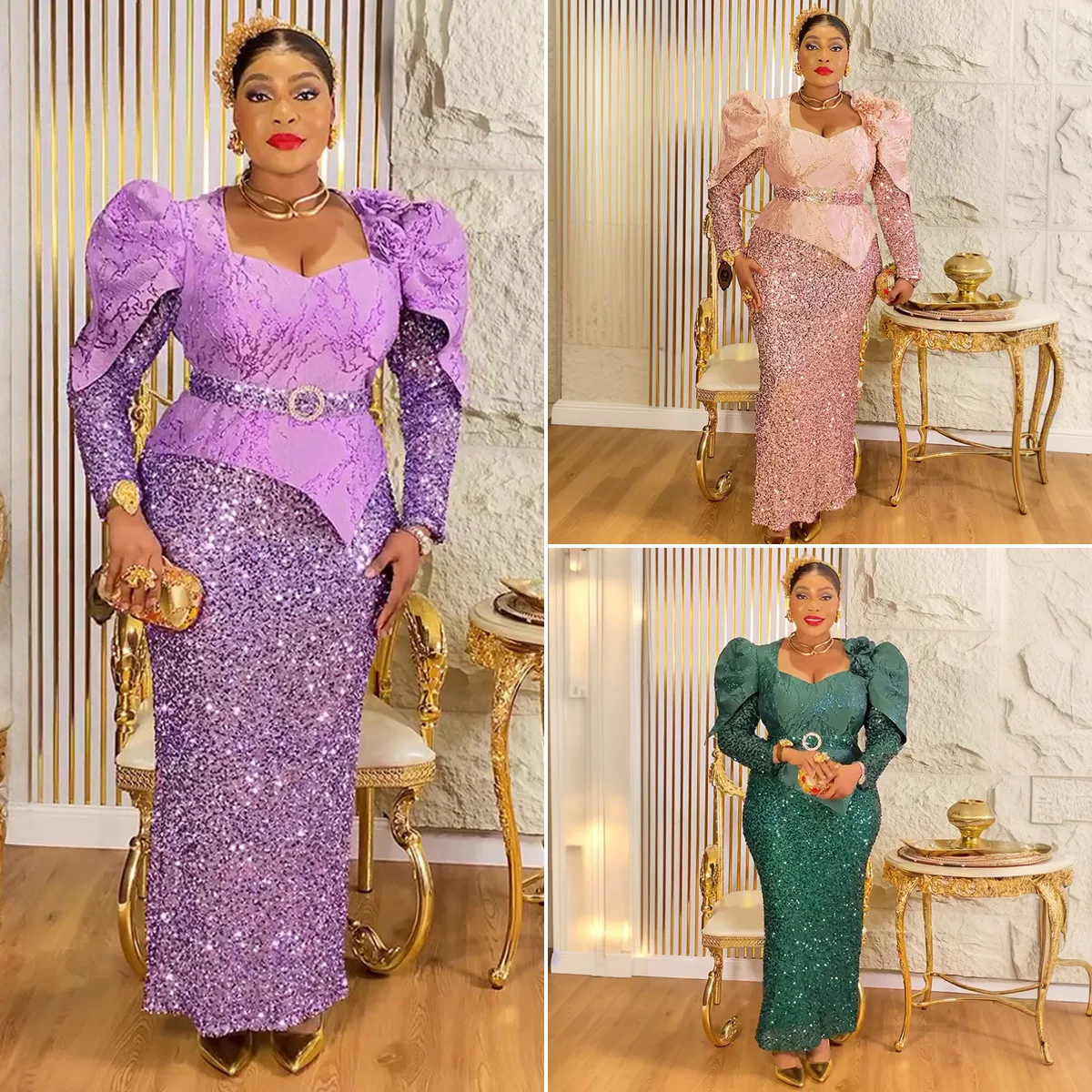 Robe Sirène Luxe S10822 – Col V, Sequins & Ceinture | Soirée & Église
