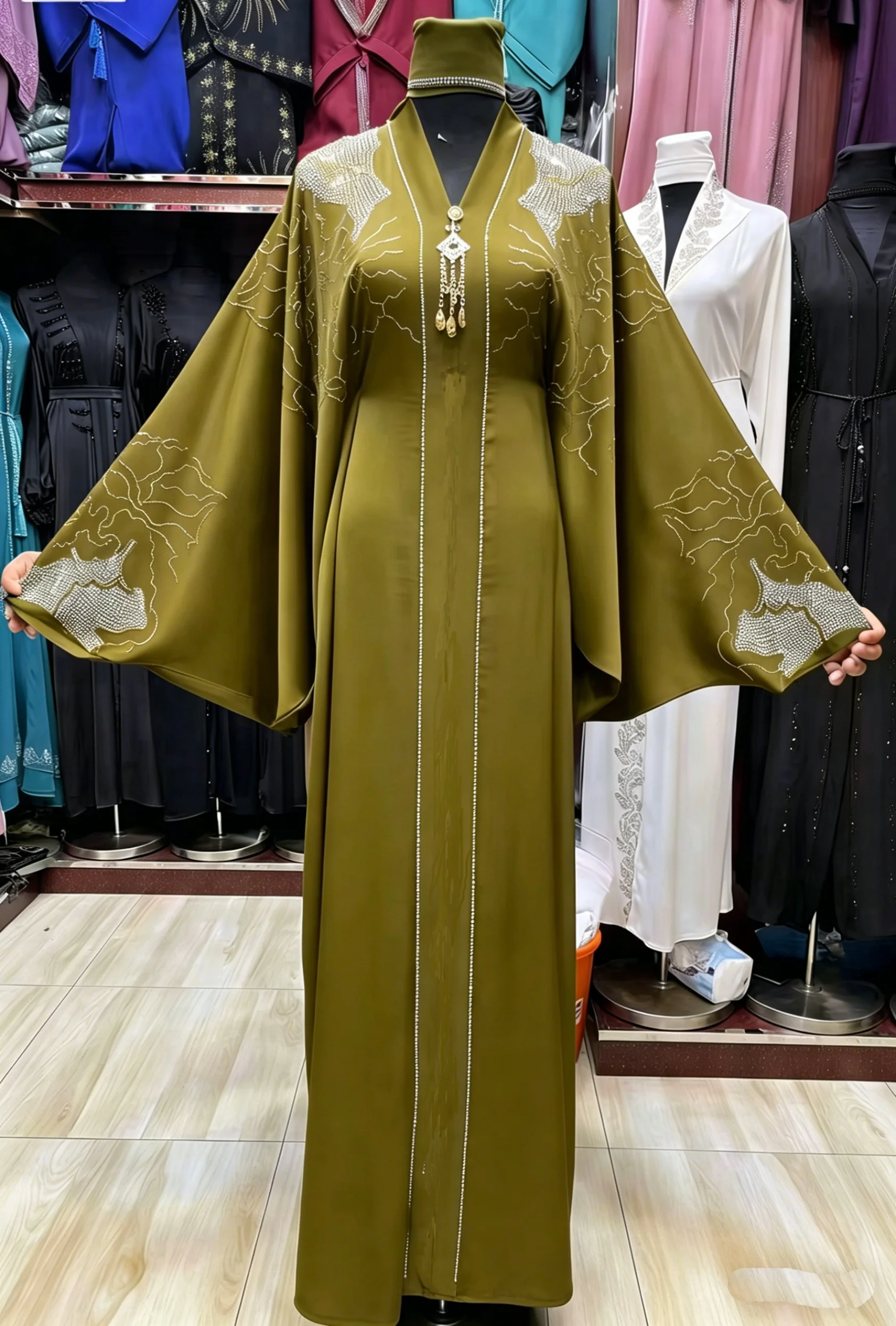 Abaya 2 pièces col V strass Dubai - Robe longue élégante extensible grande taille