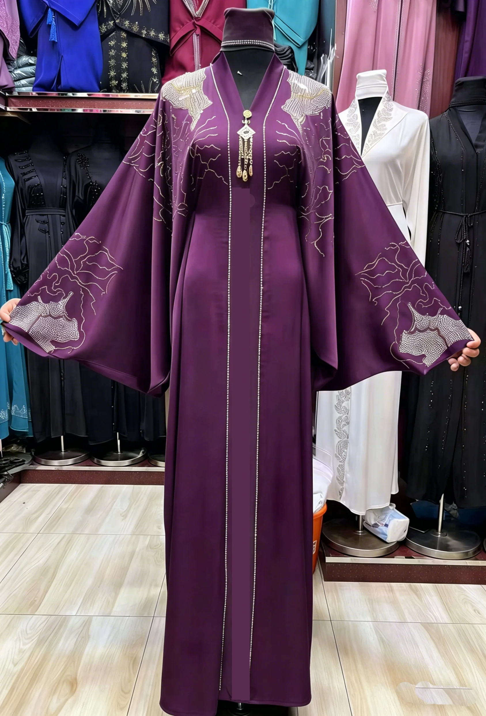 Abaya 2 pièces col V strass Dubai - Robe longue élégante extensible grande taille