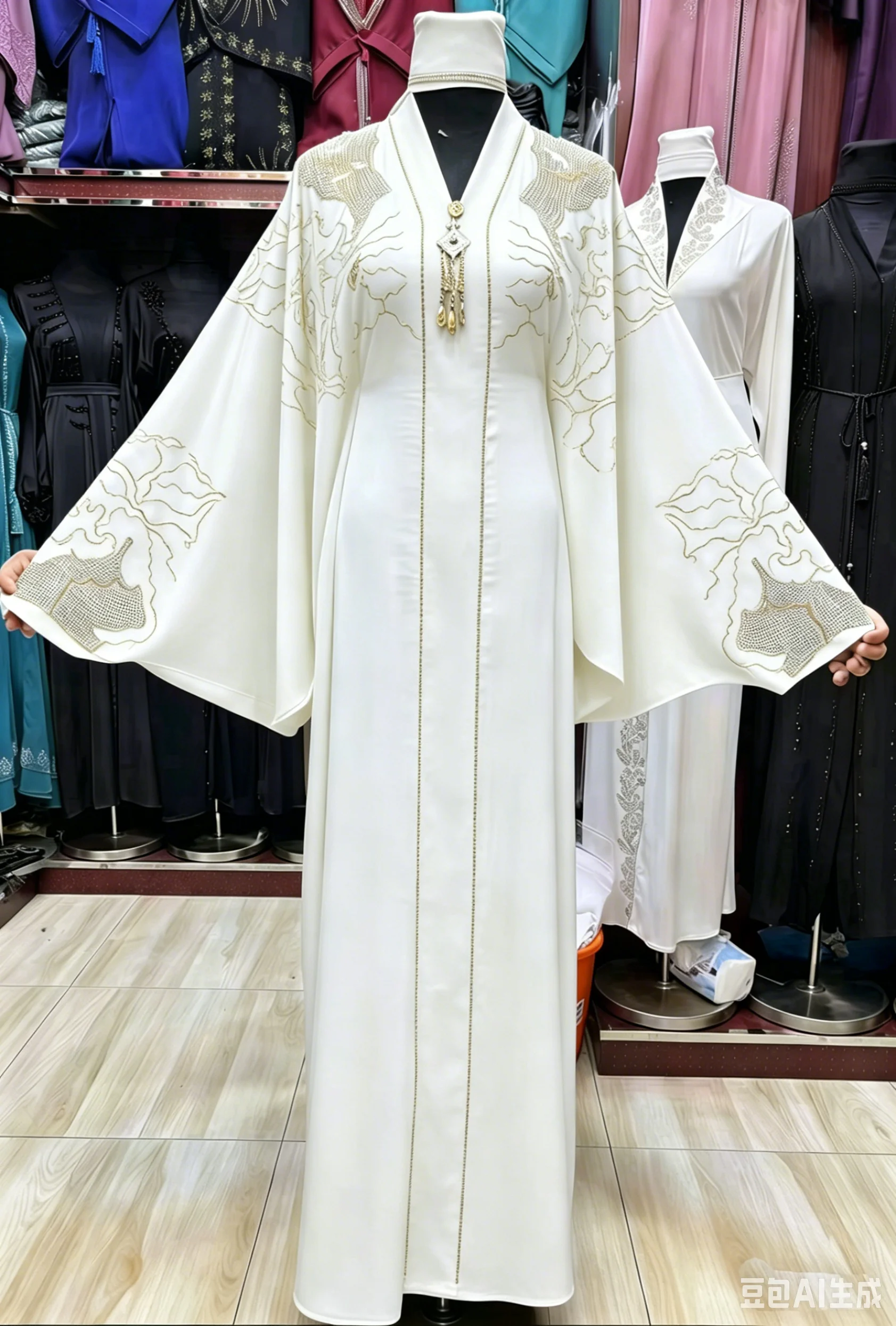 Abaya 2 pièces col V strass Dubai - Robe longue élégante extensible grande taille