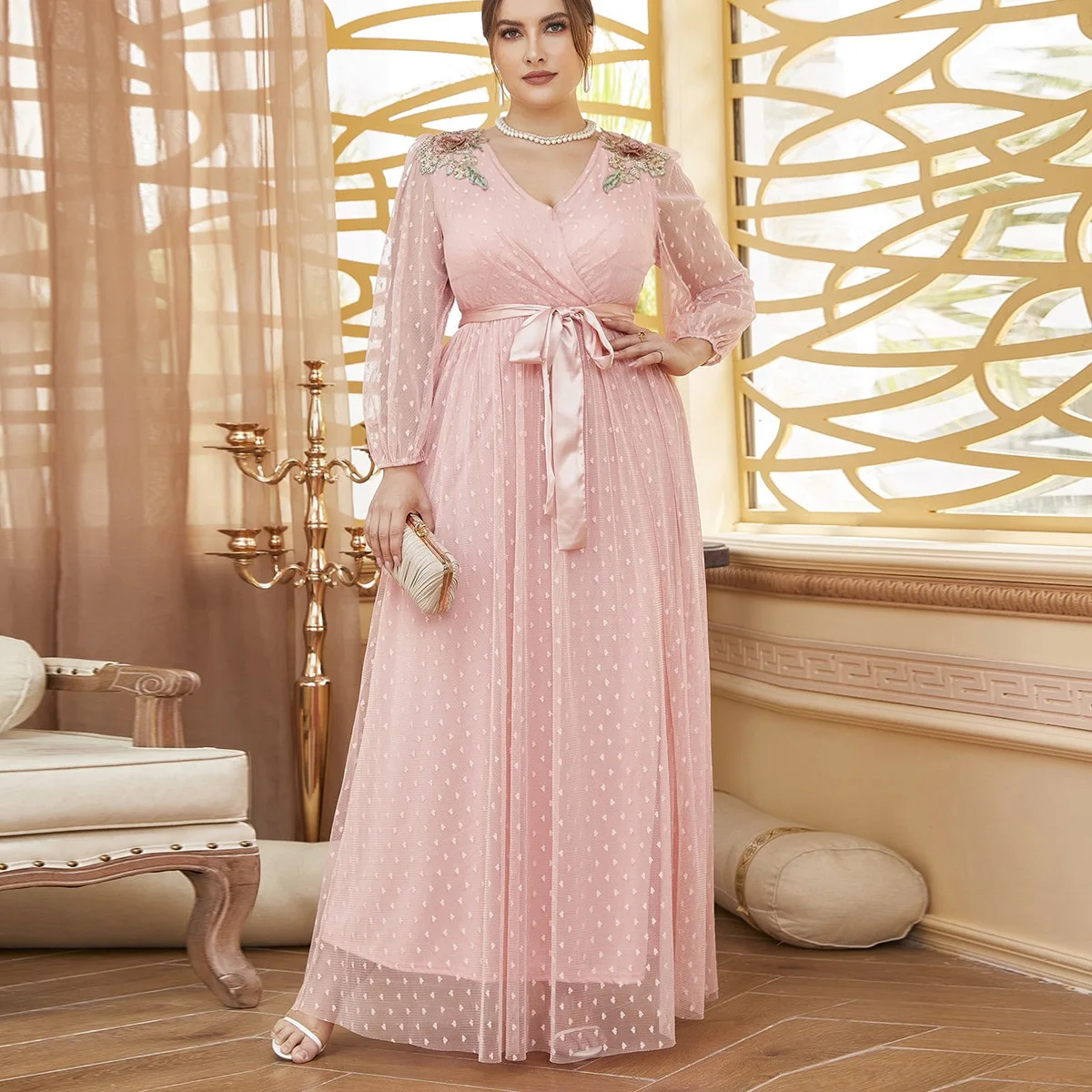 Robe Fée Grande Taille 4XL – Broderie 3D Florale & Strass – Soirée & Mariage