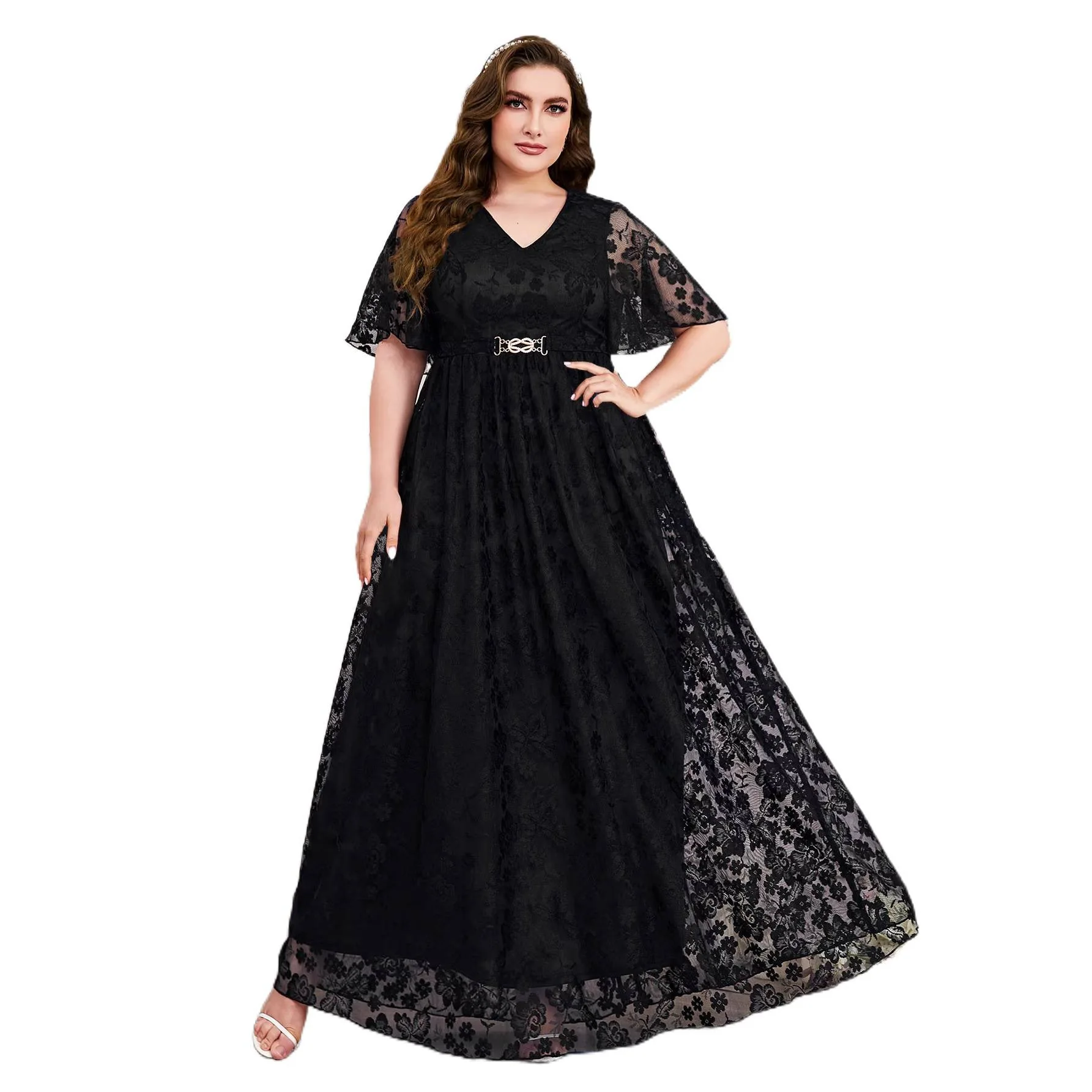 Robe de Soirée Grande Taille en Dentelle | Col V | Manches 3/4 | Jusqu'au 5XL