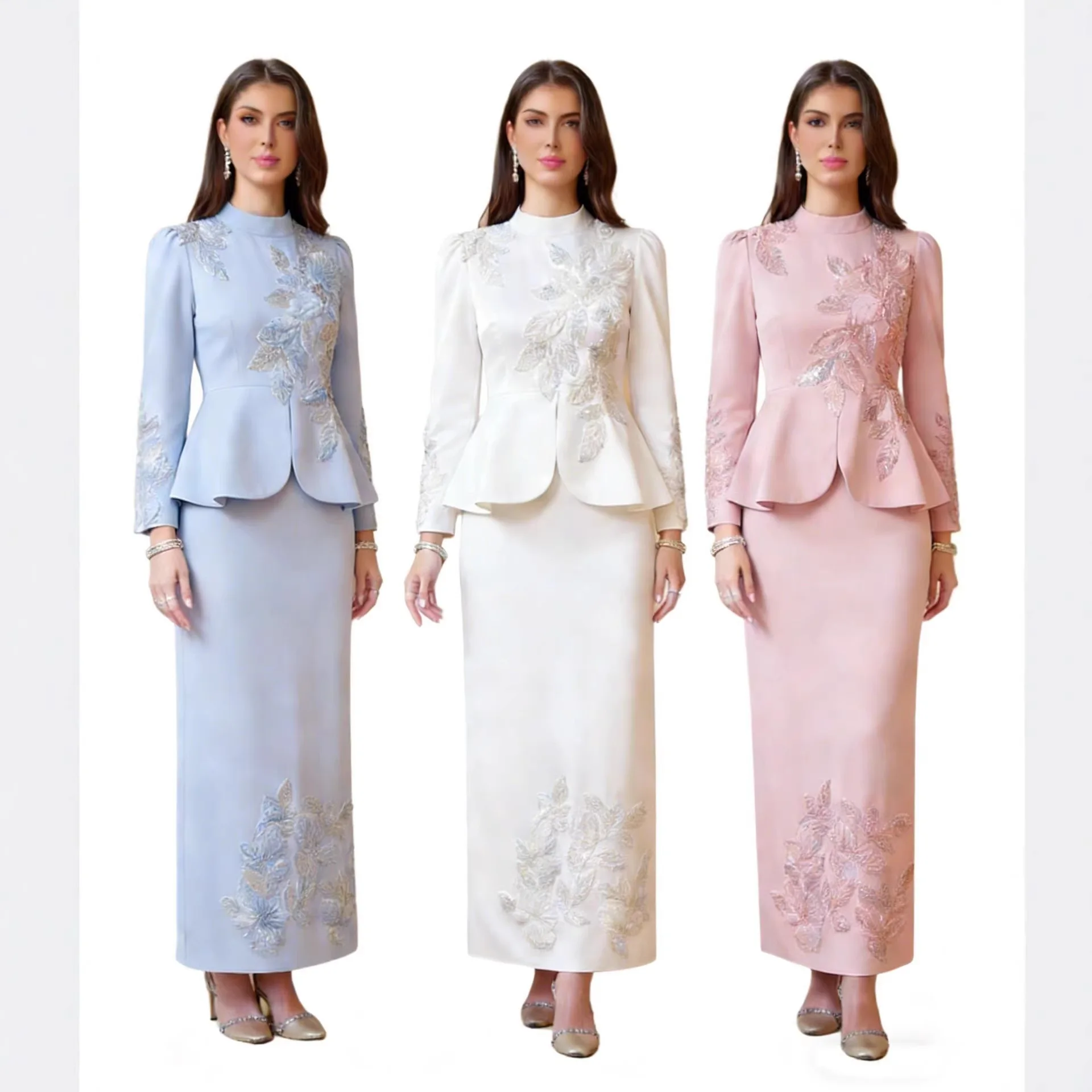 Ensemble Abaya 2 Pièces Satin Broderie Florale Perlée – Tenue Musulmane Élégante