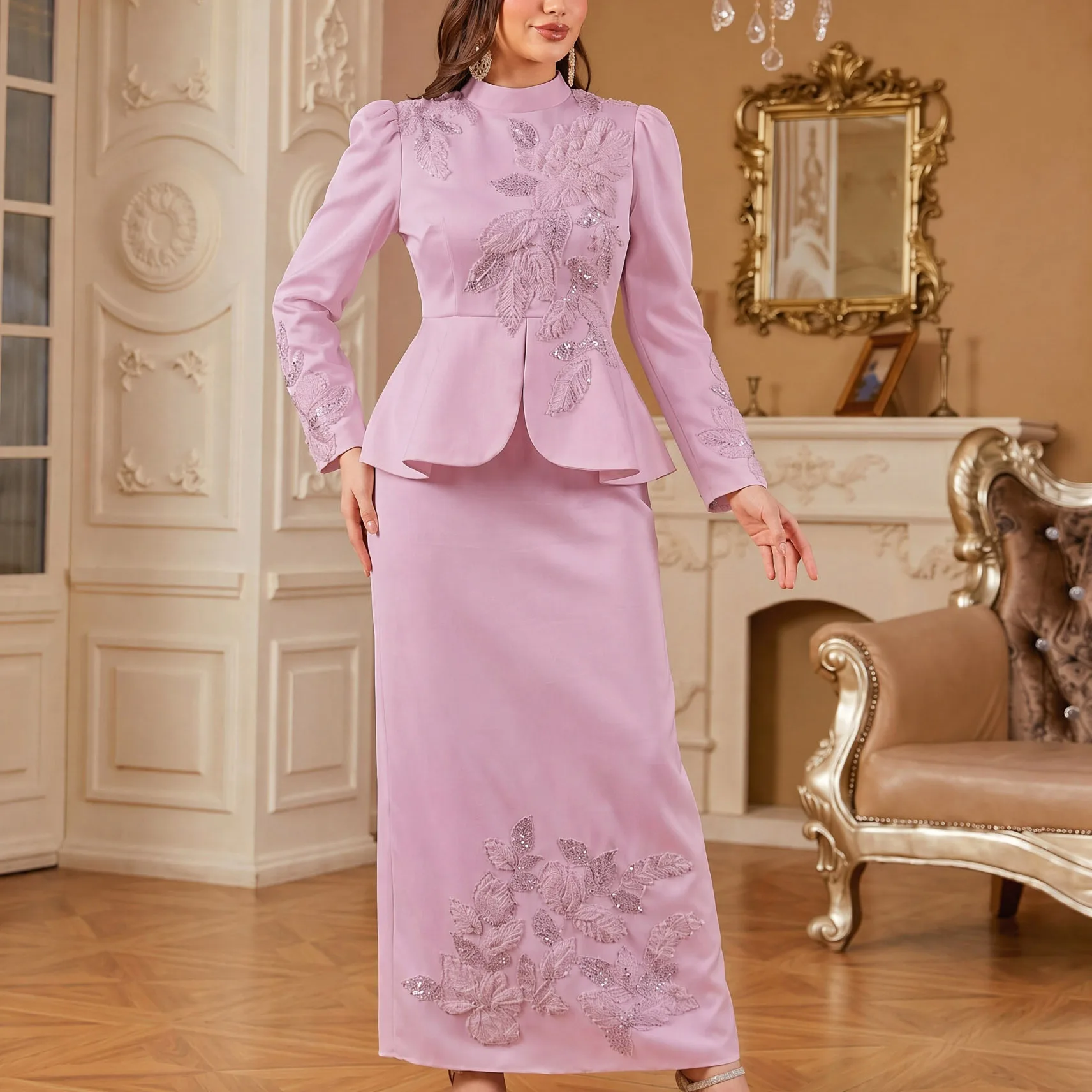 Ensemble Abaya 2 Pièces Satin Broderie Florale Perlée – Tenue Musulmane Élégante