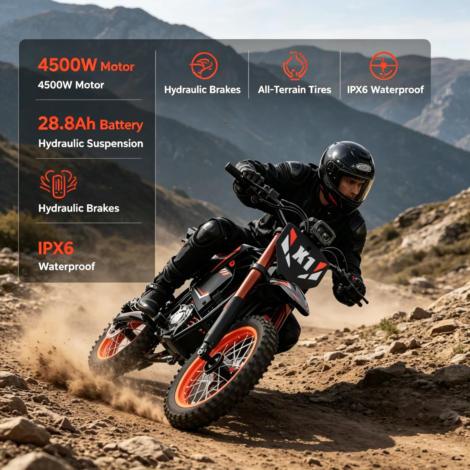 X1 Spark L – Moto Électrique Tout-Terrain 4500W 60V | Freins Hydrauliques | IPX6 | Fat Tires
