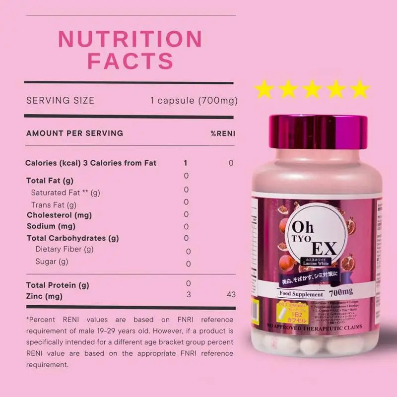 TYO EX Lumine White 700mg – Capsules Éclaircissantes Glutathion Grenade Collagène 60 Caps