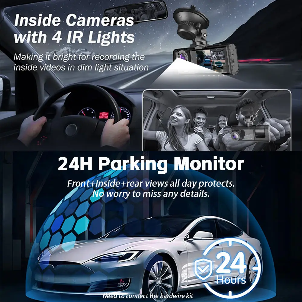 Dashcam Triple Objectif 1080P Full HD – Vision Nocturne & WiFi Intégré