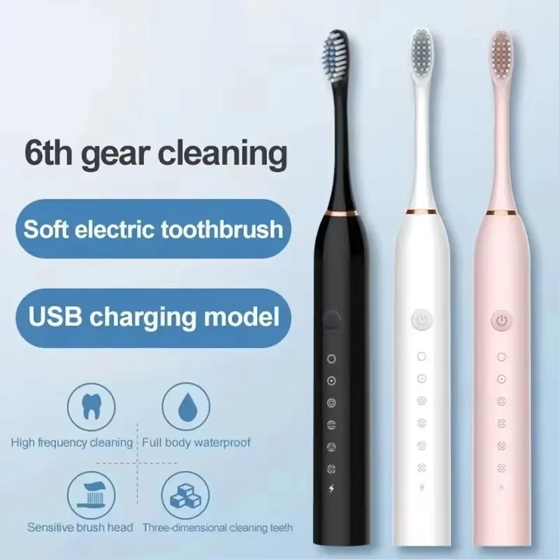 Brosse à Dents Électrique Sonique X-3 Rechargeable 5 Modes – Lot de 4 Têtes Douces IPX7
