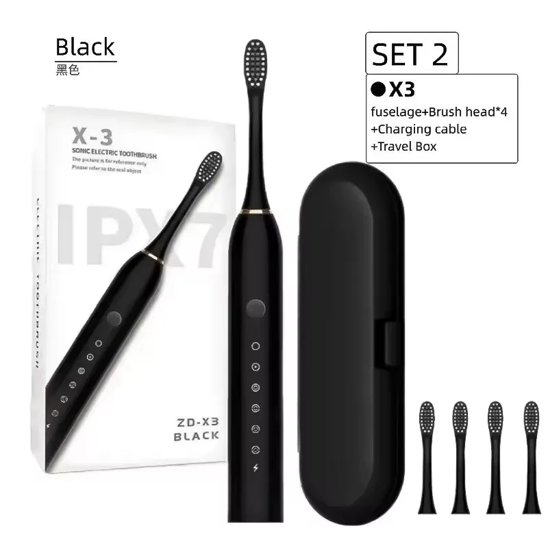 Brosse à Dents Électrique Sonique X-3 Rechargeable 5 Modes – Lot de 4 Têtes Douces IPX7