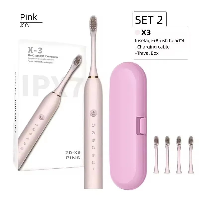 Brosse à Dents Électrique X3 Rechargeable 5 Modes Sonic – 4 Têtes Douces Incluses