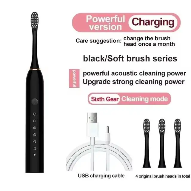 Brosse à Dents Électrique Sonique X3 – 5 Modes, Rechargeable USB-C, IPX7, 4 Têtes Douces