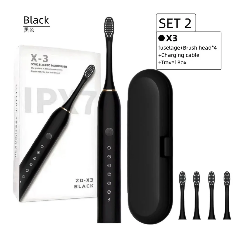 Brosse à Dents Électrique Sonique X3 – 5 Modes, Rechargeable USB-C, IPX7, 4 Têtes Douces