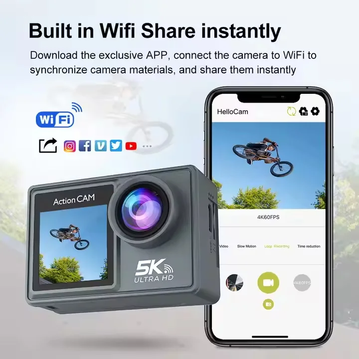 Caméra Sport Action 5K WiFi Double Écran 2.0" Étanche 170° Grand Angle 64GB