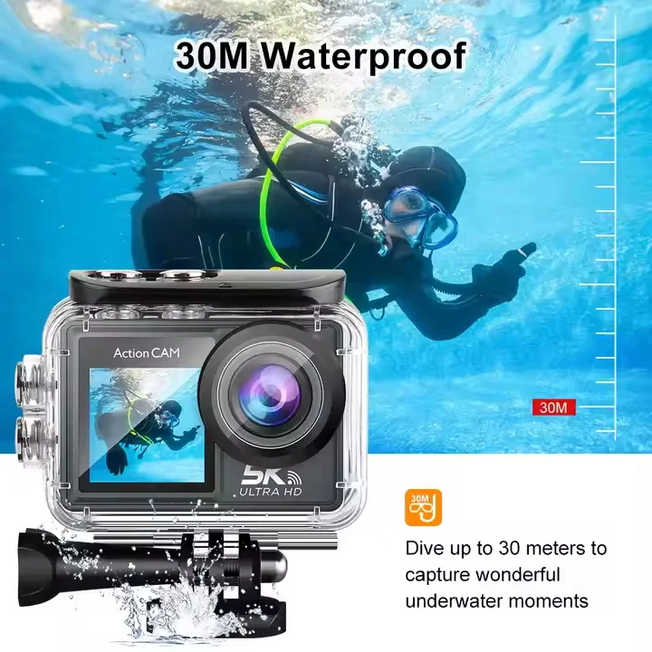 Caméra Sport Action 5K WiFi Double Écran 2.0" Étanche 170° Grand Angle 64GB