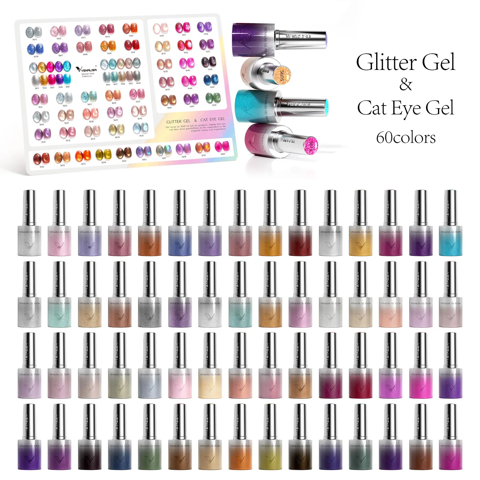 VENALISA Kit 60 Vernis Gel UV Paillettes Œil de Chat – Sans HEMA, Longue Tenue 10ml