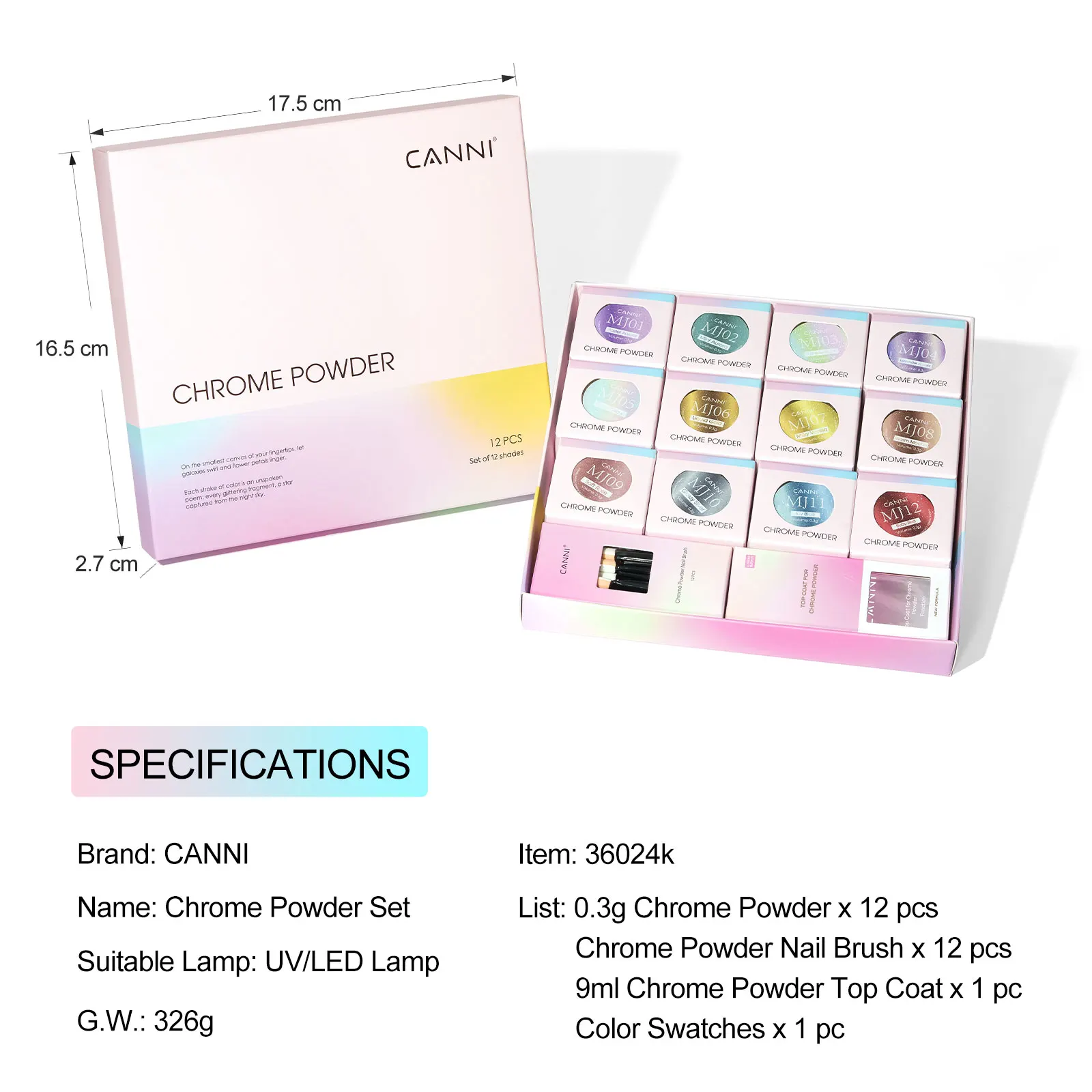 Lot 12 Poudres Chrome CANNI Effet Miroir Nail Art - Pigment Métallique Holographique