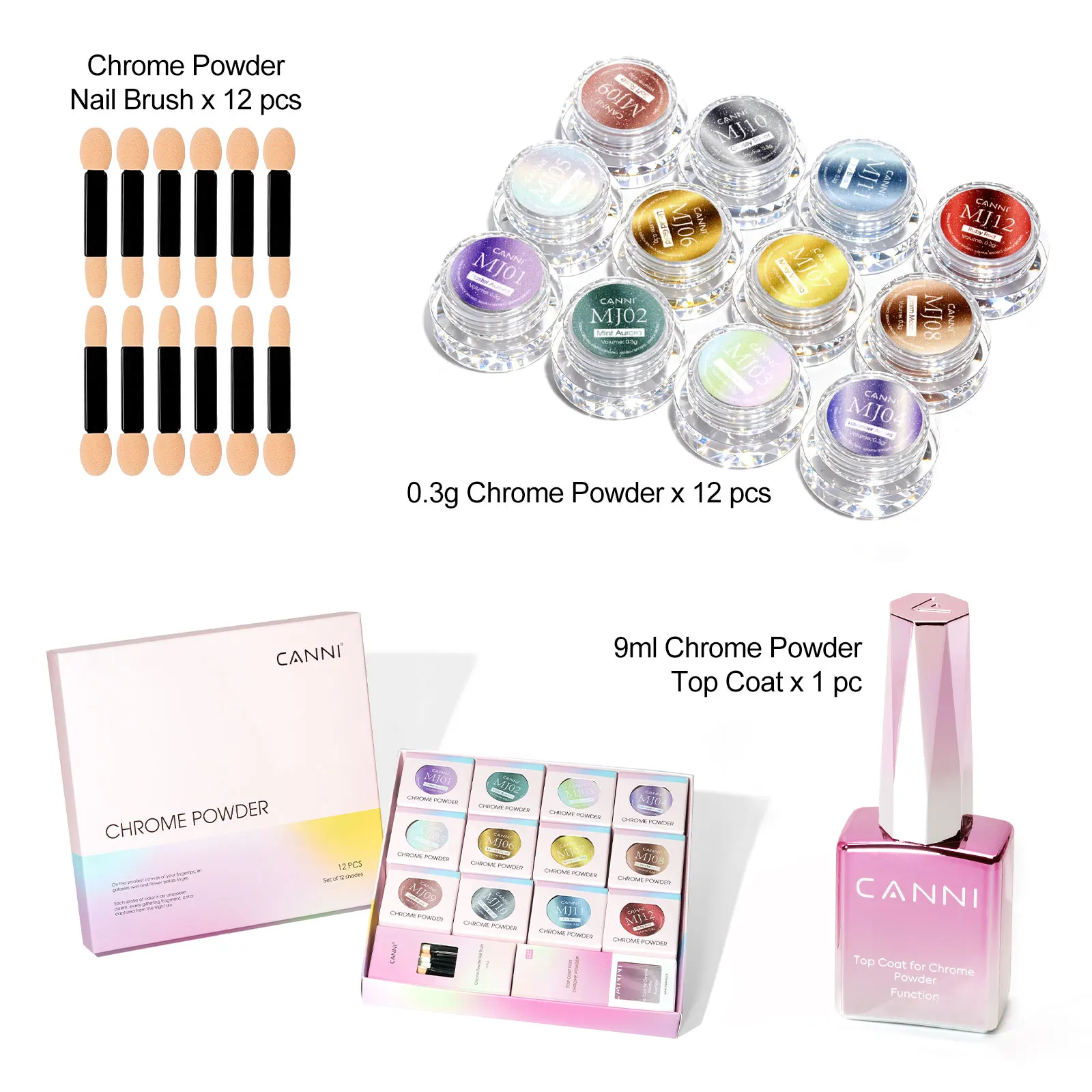 Lot 12 Poudres Chrome CANNI Effet Miroir Nail Art - Pigment Métallique Holographique