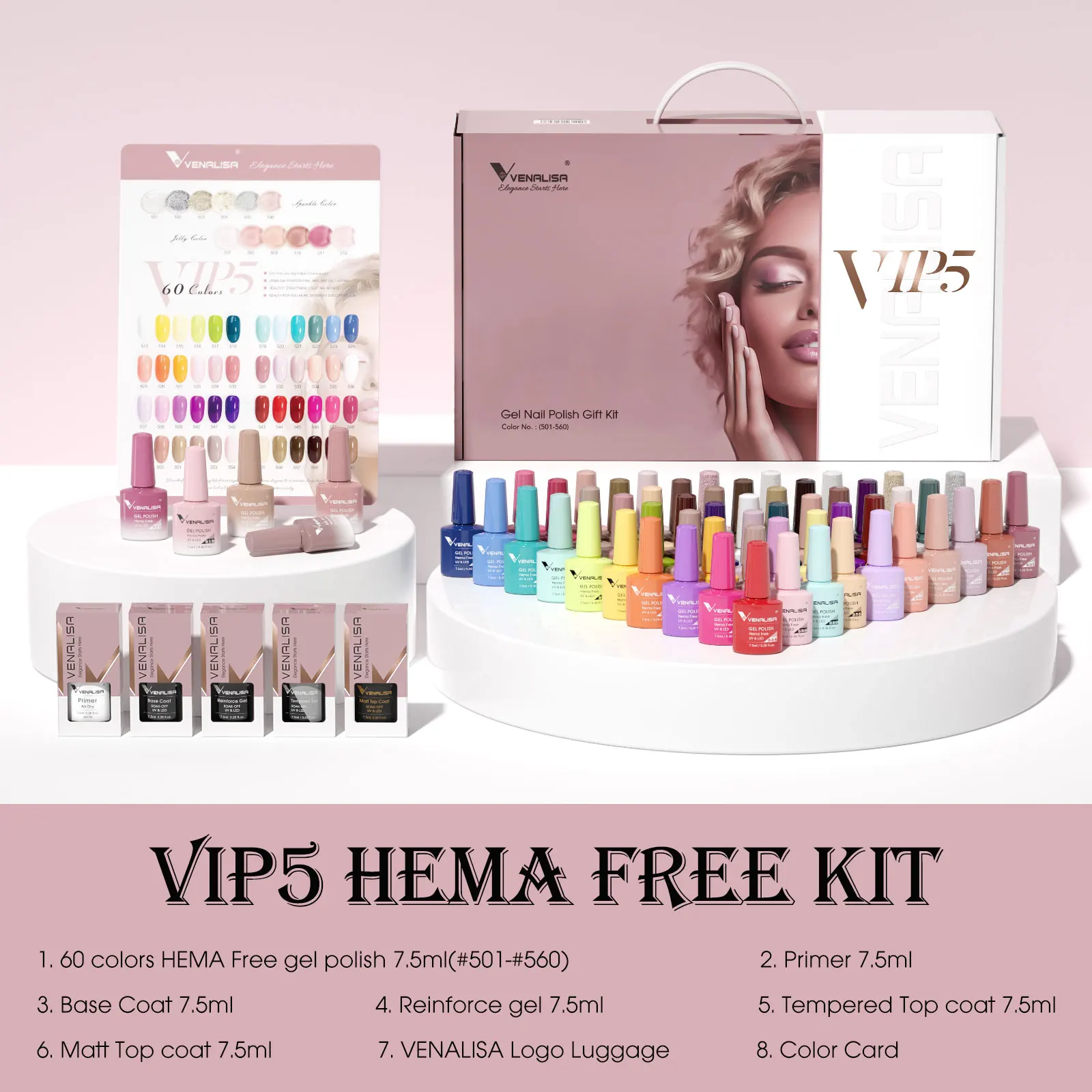 Venalisa VIP5 Kit 60 Vernis Gel UV Permanent Hema Free 7.5ml – Longue Durée