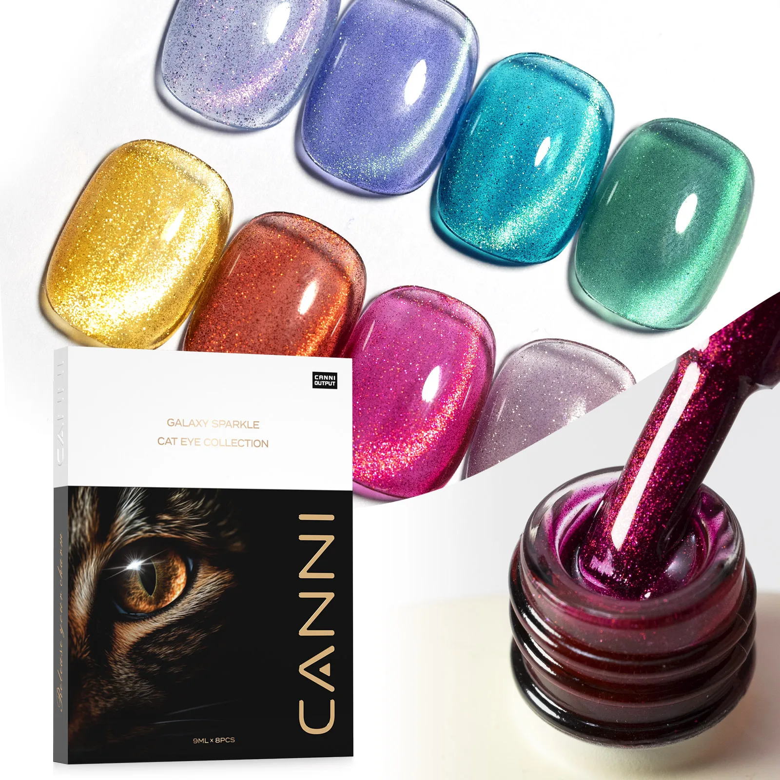 CANNI Kit Vernis Gel UV/LED Cat Eye 9ml – Set 8 Pièces Paillettes Sans HEMA
