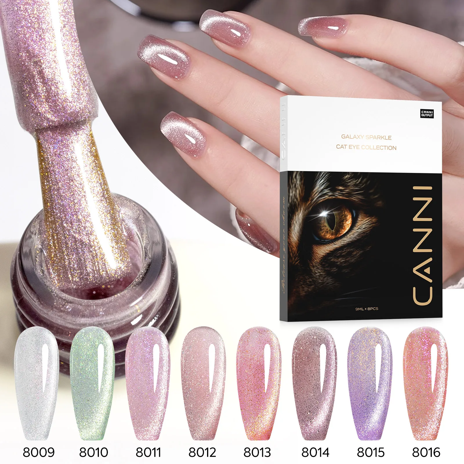 CANNI Kit Vernis Gel UV/LED Cat Eye 9ml – Set 8 Pièces Paillettes Sans HEMA
