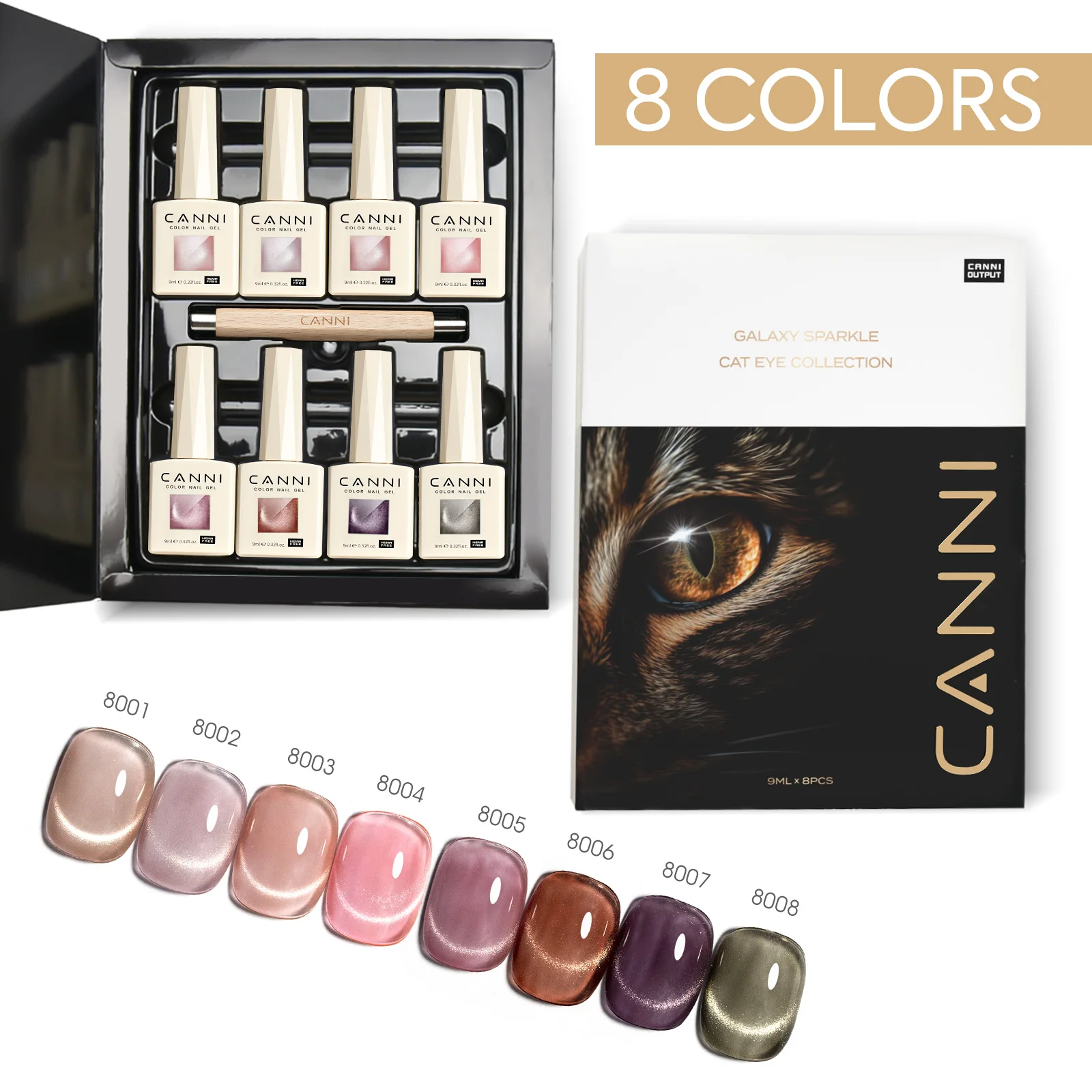 CANNI Kit Vernis Gel UV/LED Cat Eye 9ml – Set 8 Pièces Paillettes Sans HEMA