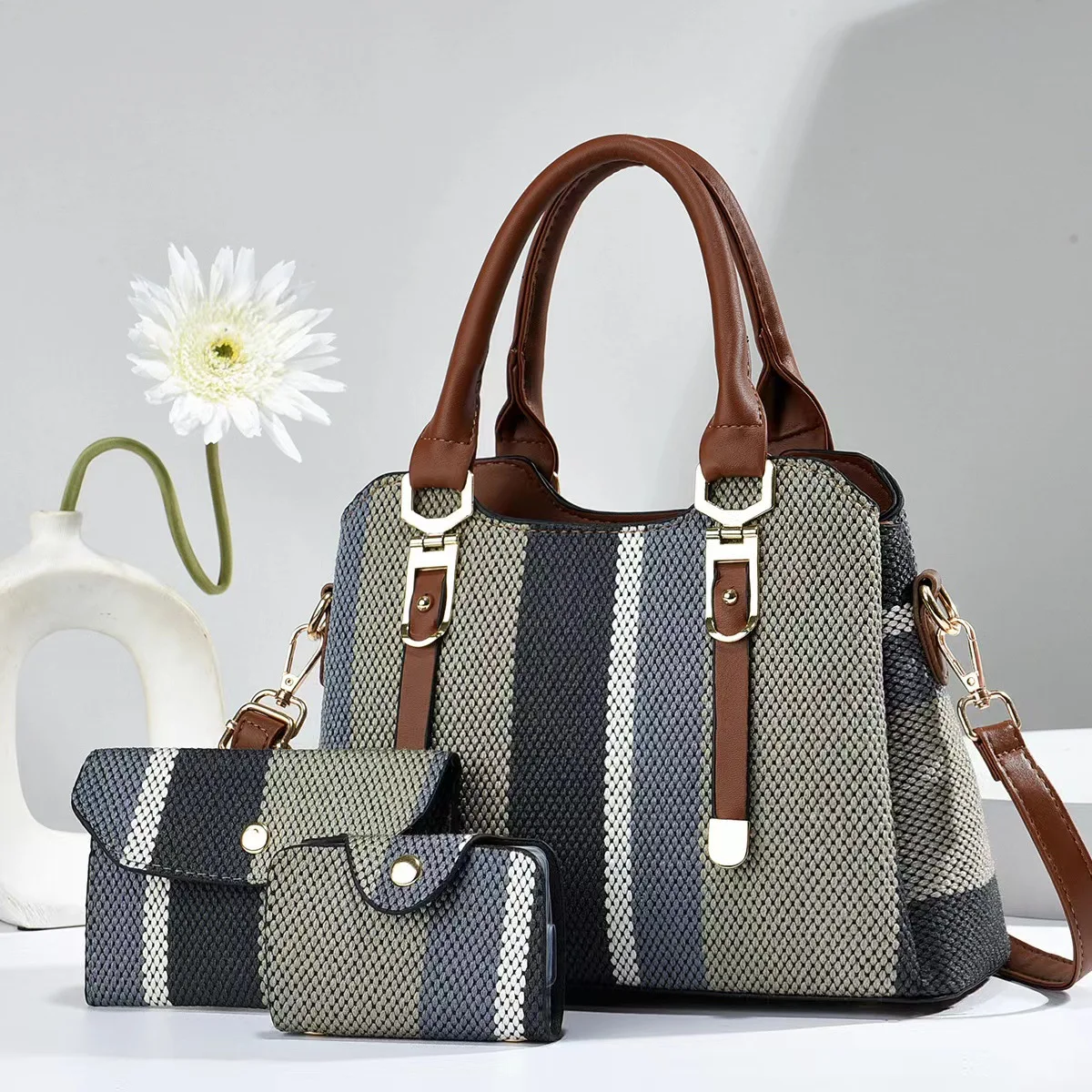 Set 3 Sacs à Main Femme | Fourre-tout + Bandoulière + Portefeuille Cuir PU Rayures