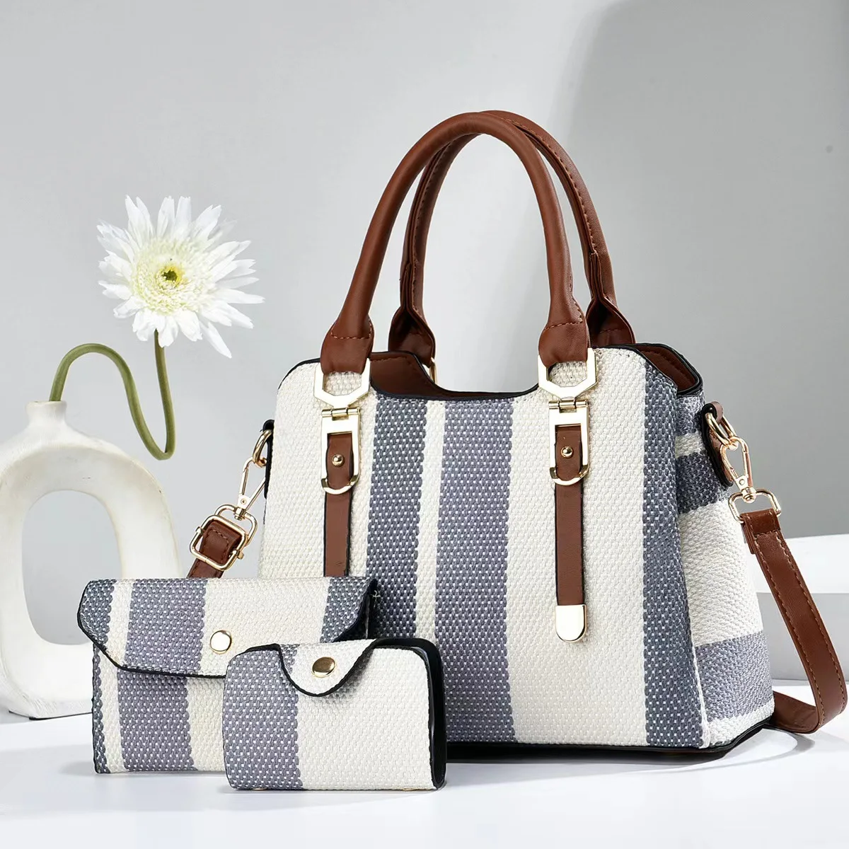 Set 3 Sacs à Main Femme | Fourre-tout + Bandoulière + Portefeuille Cuir PU Rayures
