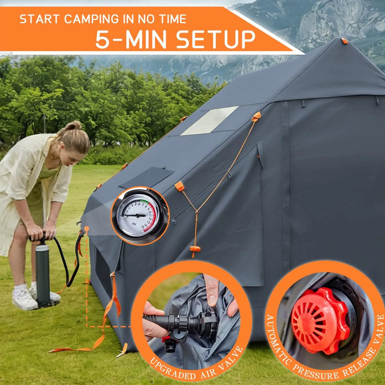 Tente Gonflable YOLO 3-4 Personnes | 4 Saisons, Étanche & Ventilée + Pompe Manuelle