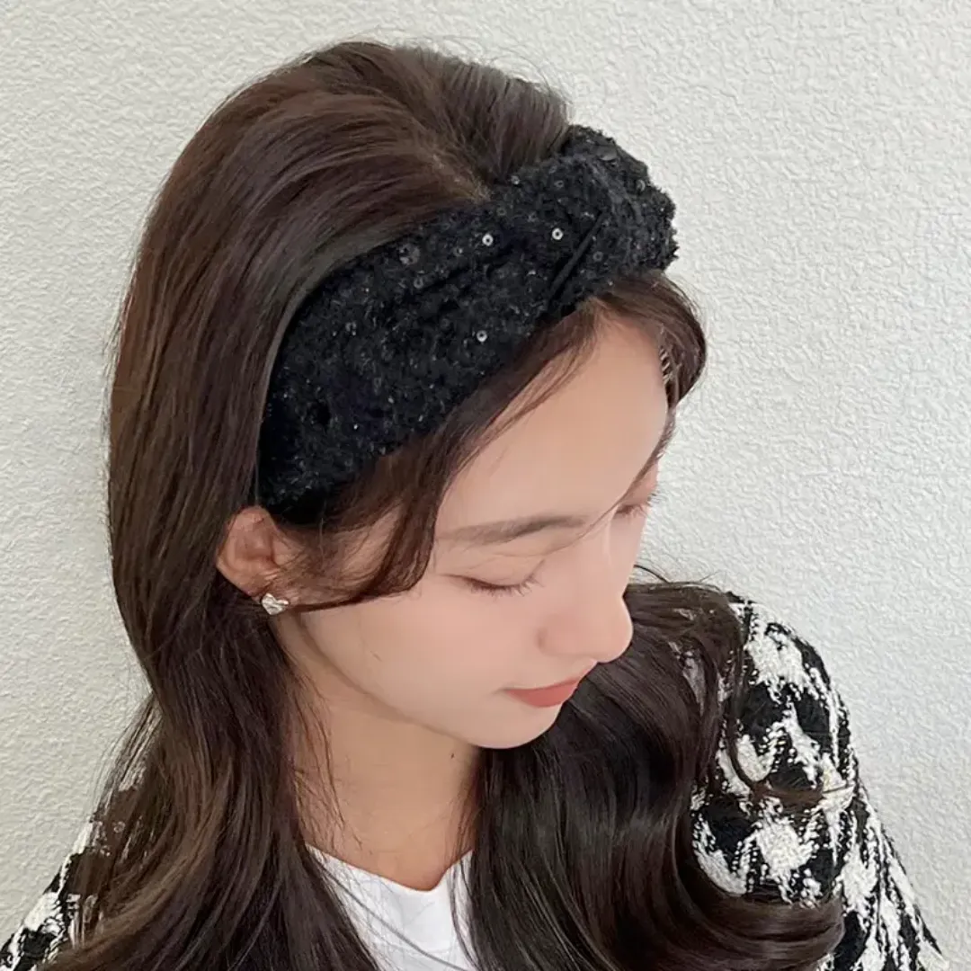 Bandeau Femme Tissé avec Strass – Nœud Large Élégant et Pailleté