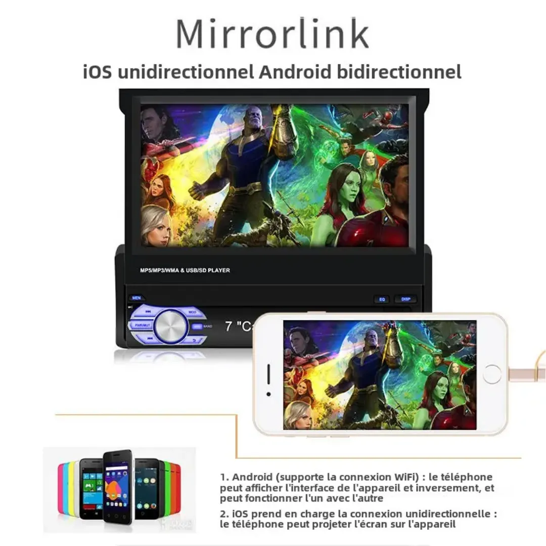 Autoradio Android 7" avec GPS – Écran Rétractable, Bluetooth, USB, SD, AUX – Single DIN 1DIN Univers