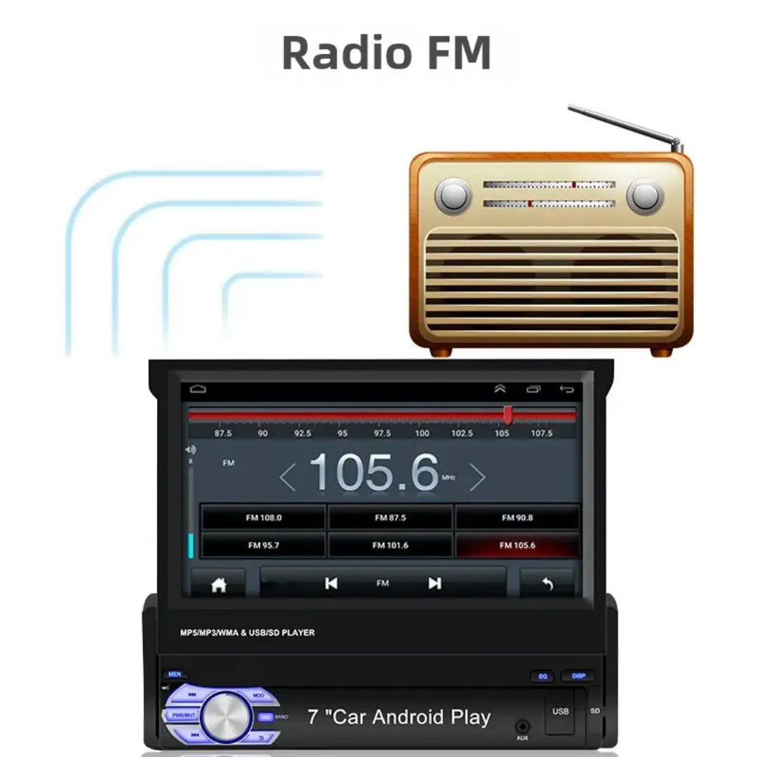 Autoradio Android 7" avec GPS – Écran Rétractable, Bluetooth, USB, SD, AUX – Single DIN 1DIN Univers
