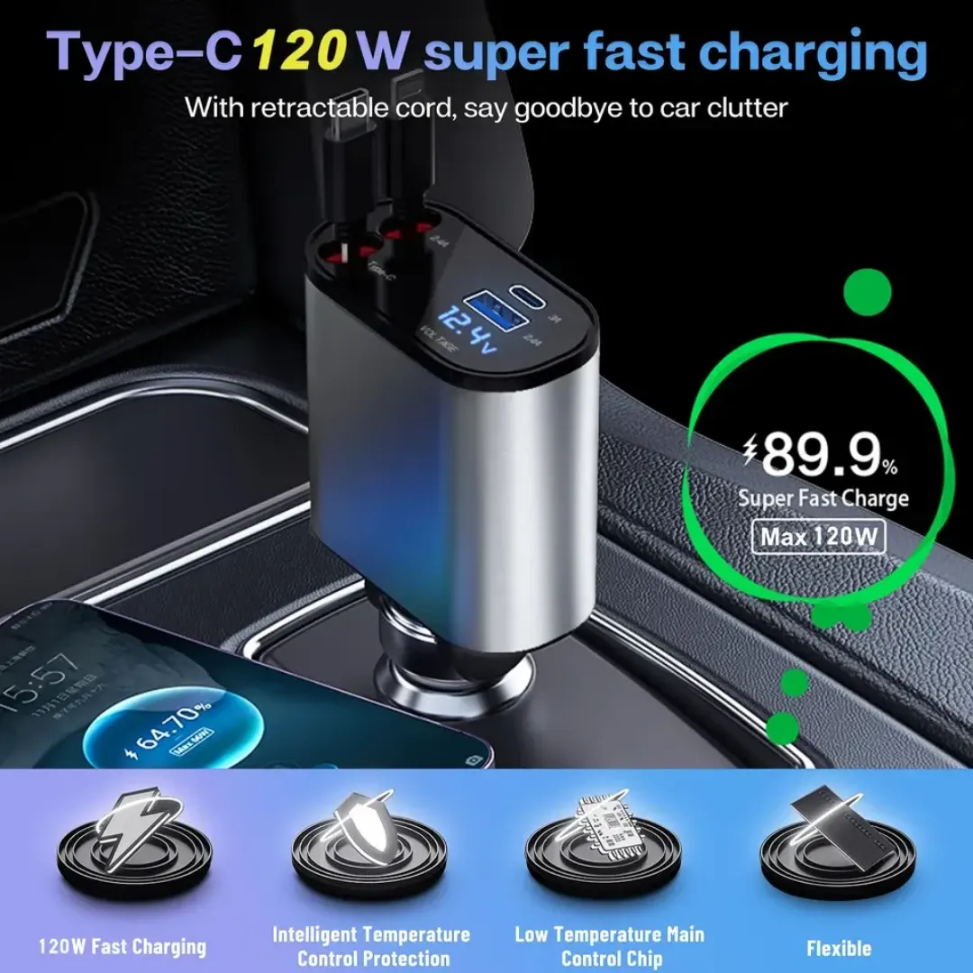 Chargeur de Voiture 5 en 1 – Charge Rapide 100W Type-C et USB avec 4 Ports, Adaptateur Universel 12V/24V pour iPhone, Android et Accessoires