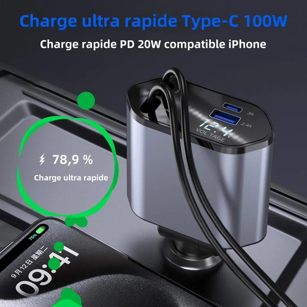 Chargeur de Voiture 5 en 1 – Charge Rapide 100W Type-C et USB avec 4 Ports, Adaptateur Universel 12V/24V pour iPhone, Android et Accessoires