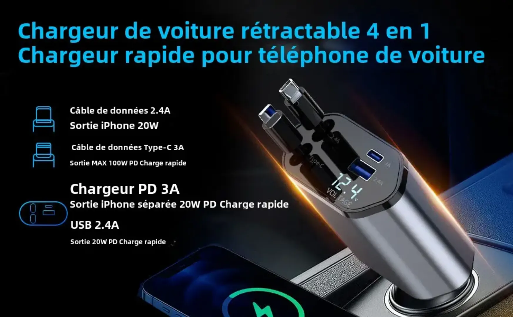 Chargeur de Voiture 5 en 1 – Charge Rapide 100W Type-C et USB avec 4 Ports, Adaptateur Universel 12V/24V pour iPhone, Android et Accessoires