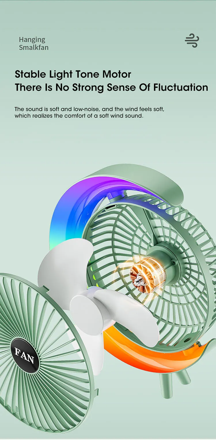 Mini Ventilateur Électrique Portable avec Lumière LED Multicolore – Recharge USB, Bureau et Maison