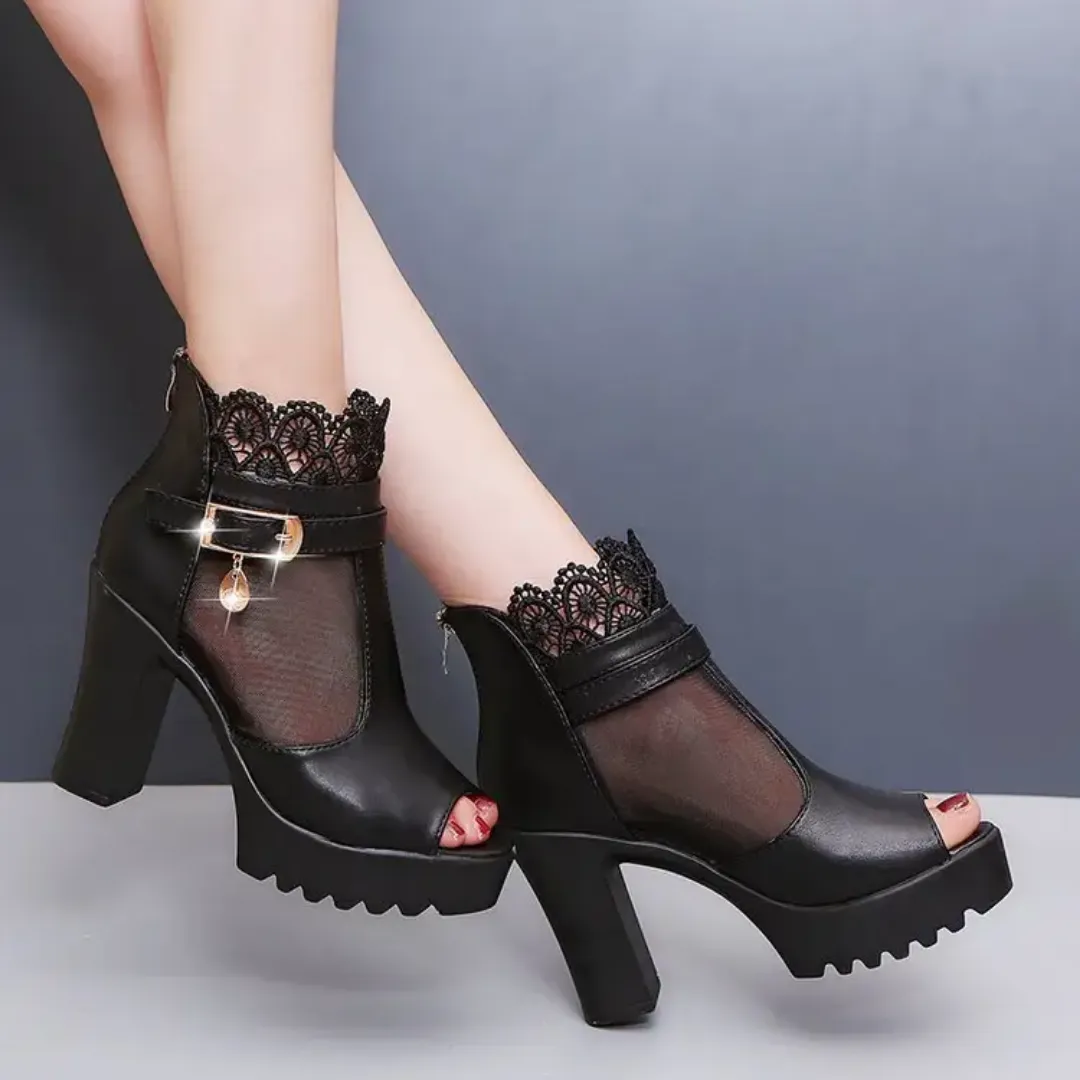 Bottines d’Été Femme à Talons Hauts – Dentelle Respirante & Cuir PU – Élégantes et Confortables
