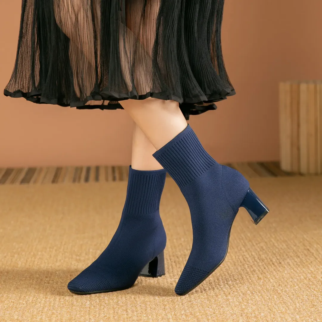 Bottes Chaussettes Femme à Talons Épais – Tissu Tricoté Extensible et Élégant