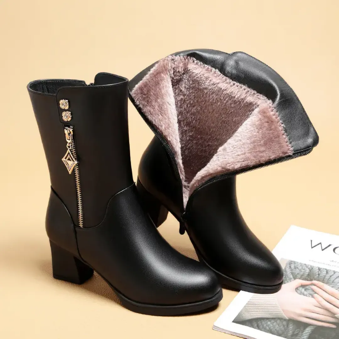 Bottes d'hiver fourrées pour femmes en cuir PU – Style cheville, doublure chaude