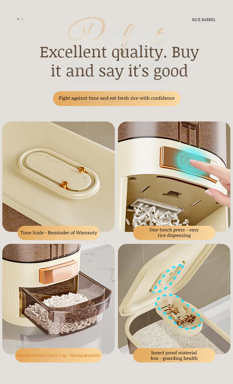 Distributeur de Riz et Céréales Transparent Étanche - Récipient de Stockage Alimentaire avec Bouton de Distribution Automatique