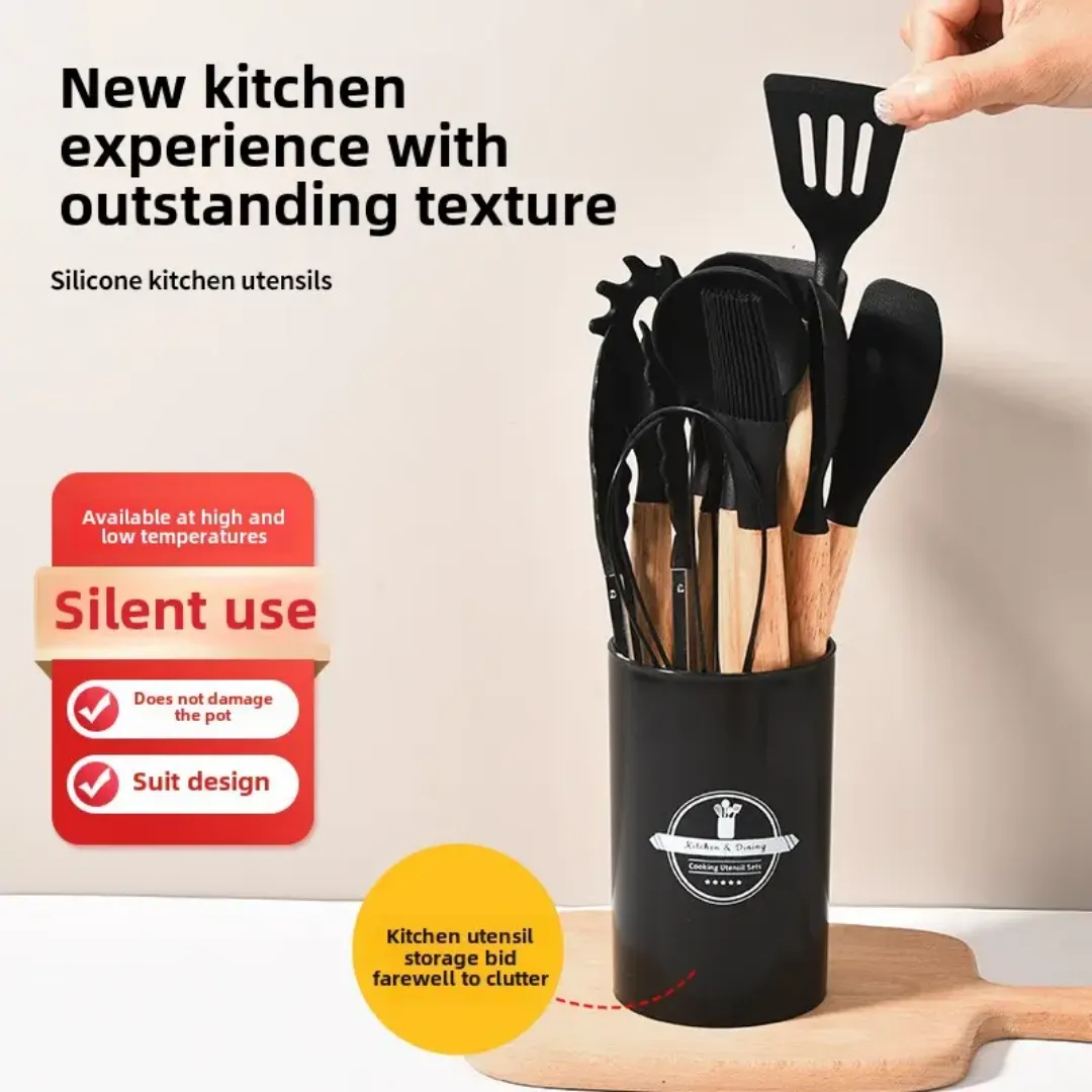 Set d’ustensiles de cuisine en silicone avec manche bois – 12 pièces