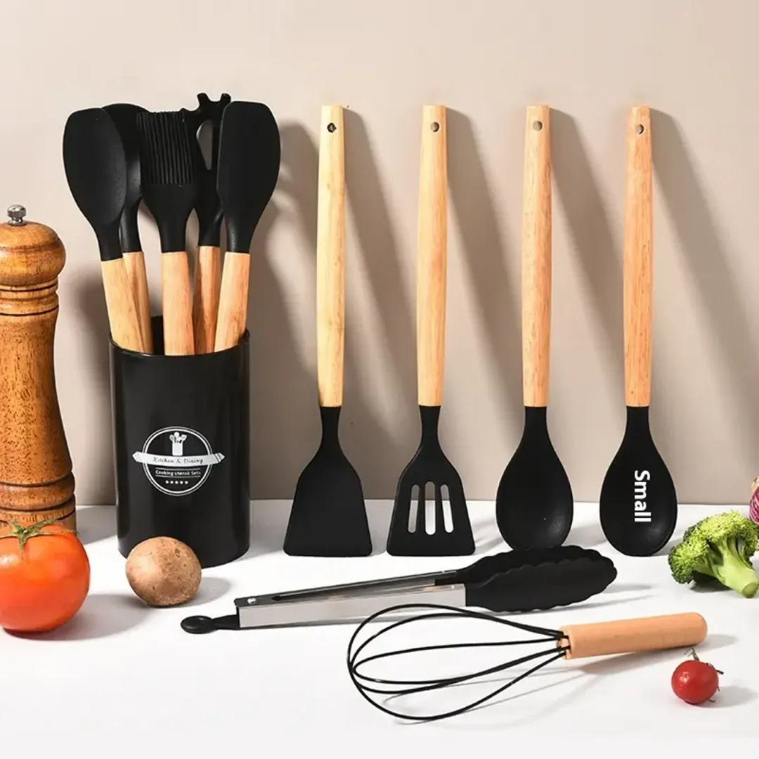 Set d’ustensiles de cuisine en silicone avec manche bois – 12 pièces
