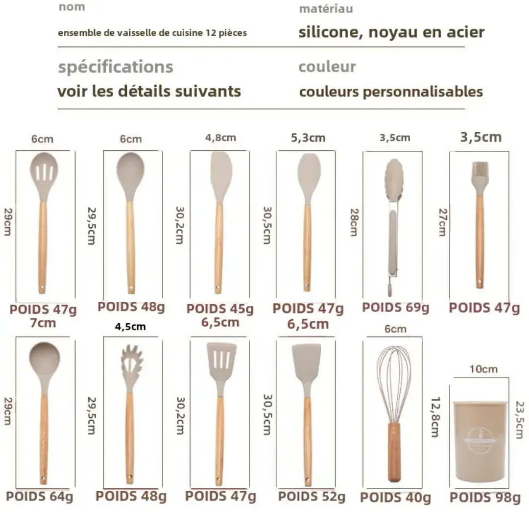 Set d’ustensiles de cuisine en silicone avec manche bois – 12 pièces